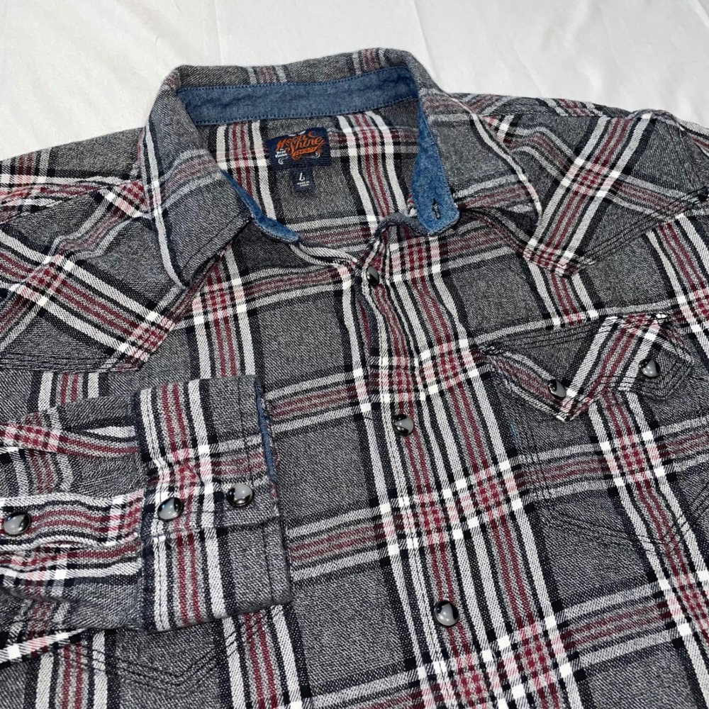 Moonshine Spirit Brad Paisley Mens Large Grey Red Plaid Western Pearl Snap Shirt